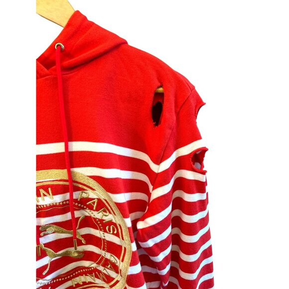 Balmain X Puma Red White Gold Striped Distressed Hoodie Medium Collab Retail 695 - Picture 4 of 7
